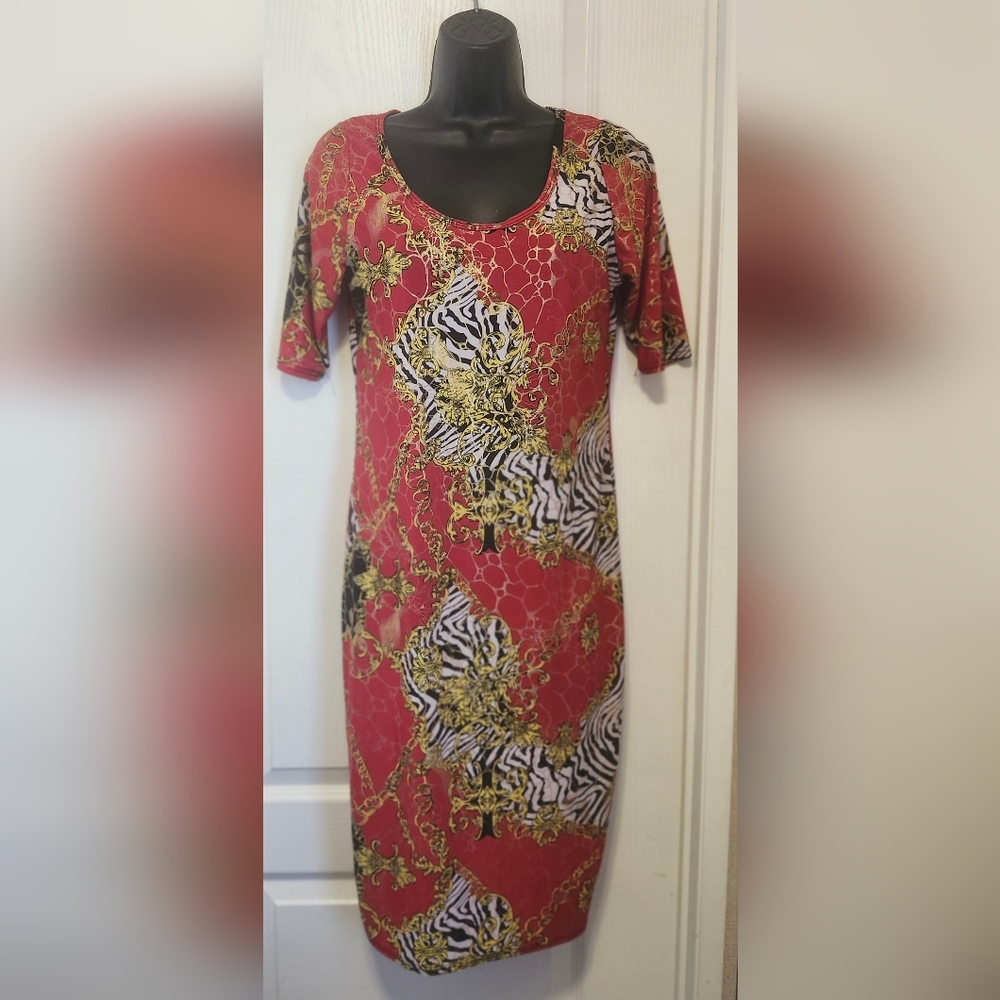 Vibrant Red and Gold Patterned Midi Dress Size Medium EUC